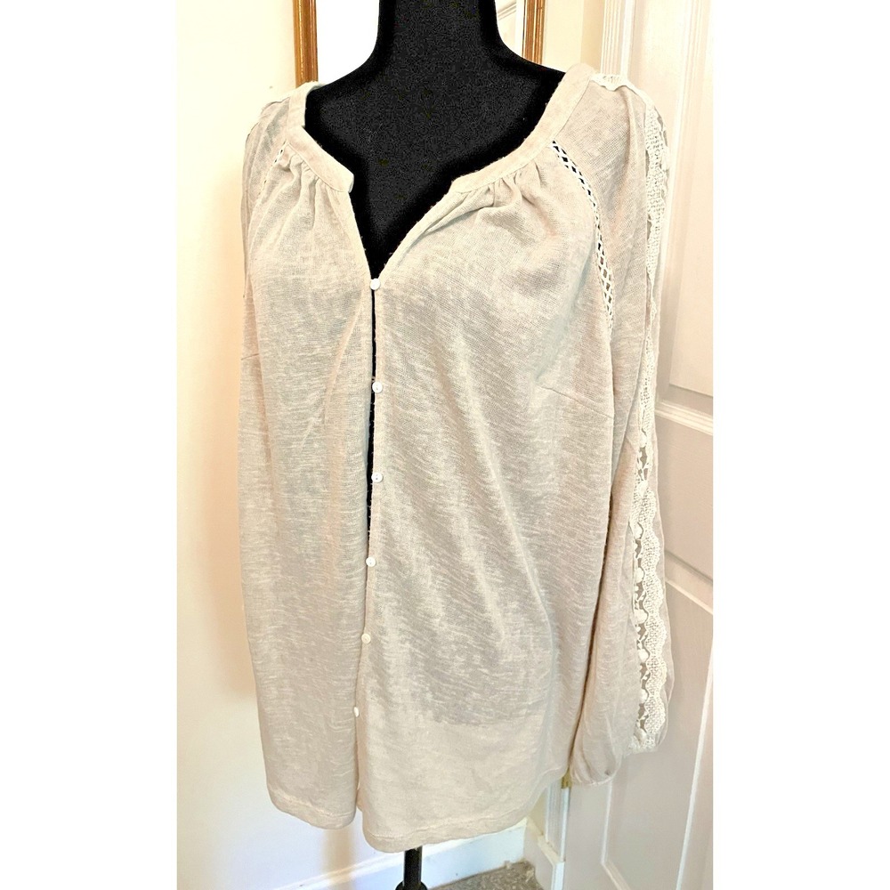 Doe And Rae Cardigan Button Down lightweight crochet‎ trim woman's sixe 2x Beige